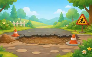 前方道路有一个宽宽的破损路坑